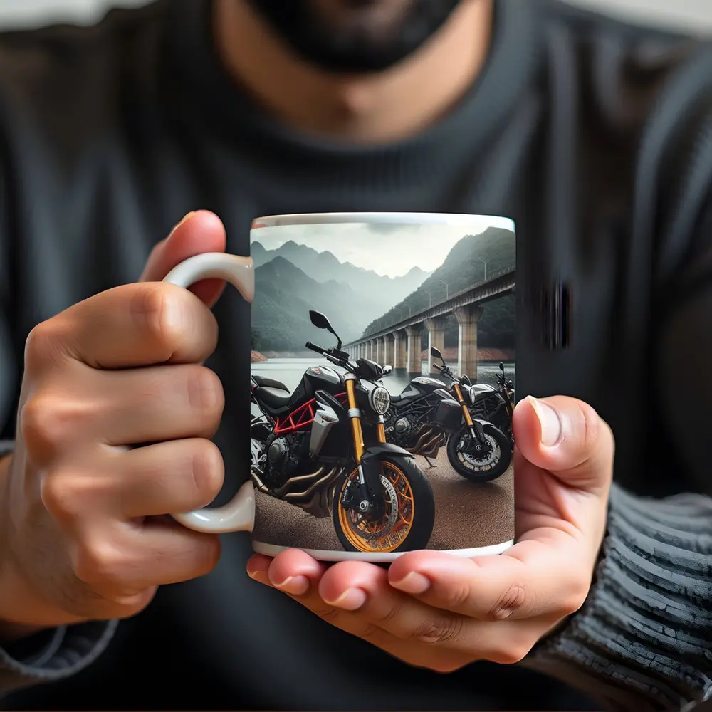 Naked Sport Bikes Parked By Mountain Bridge – Mugs