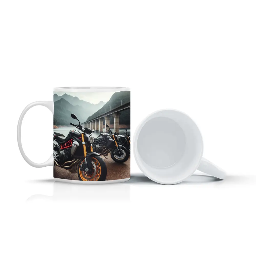 Naked Sport Bikes Parked By Mountain Bridge – Mugs