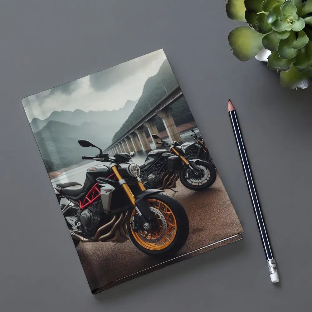 Naked Sport Bikes Parked By Mountain Bridge – Notebooks