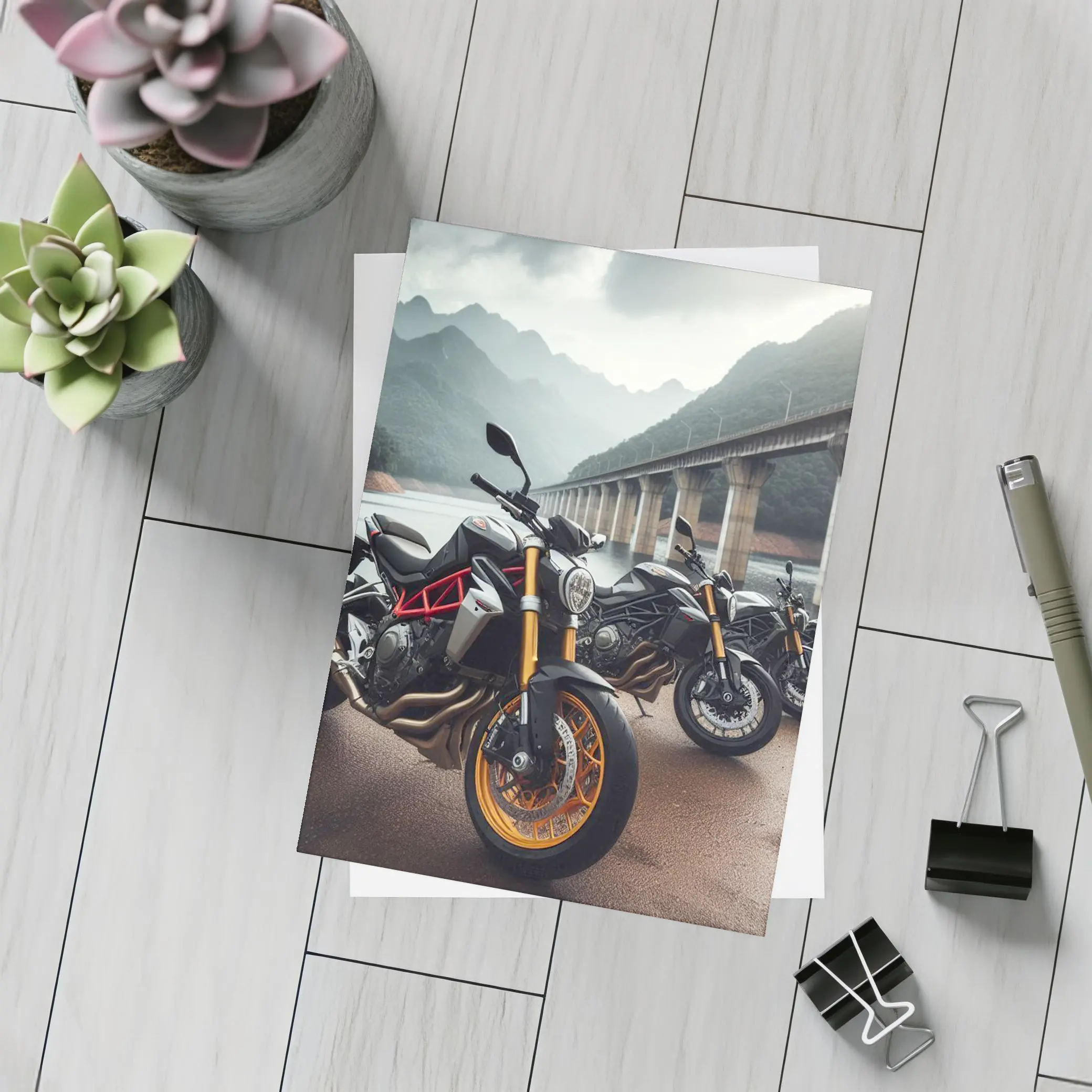 Naked Sport Bikes Parked By Mountain Bridge – Postcards