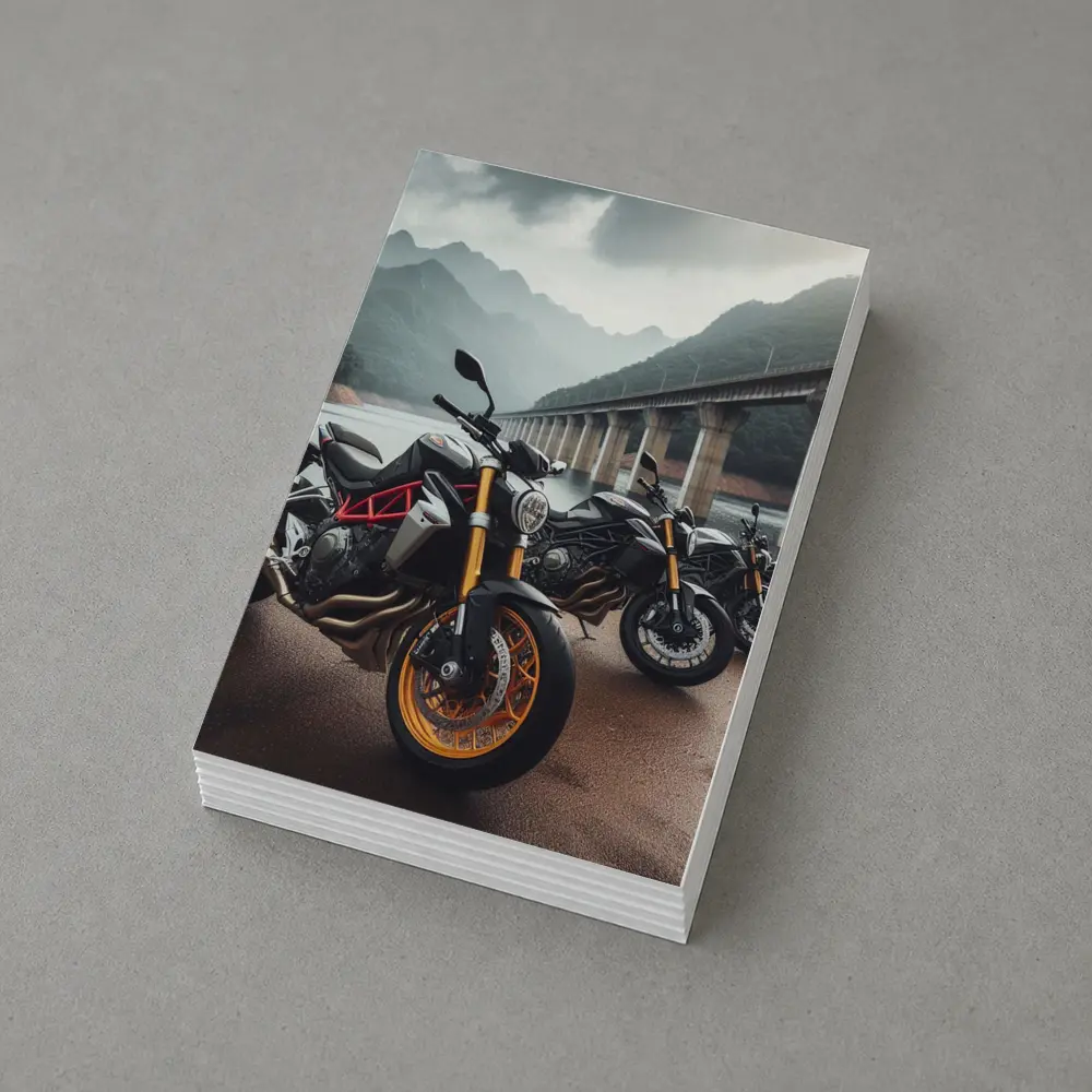 Naked Sport Bikes Parked By Mountain Bridge – Postcards
