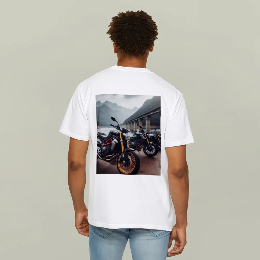 Naked Sport Bikes Parked By Mountain Bridge – T-Shirts