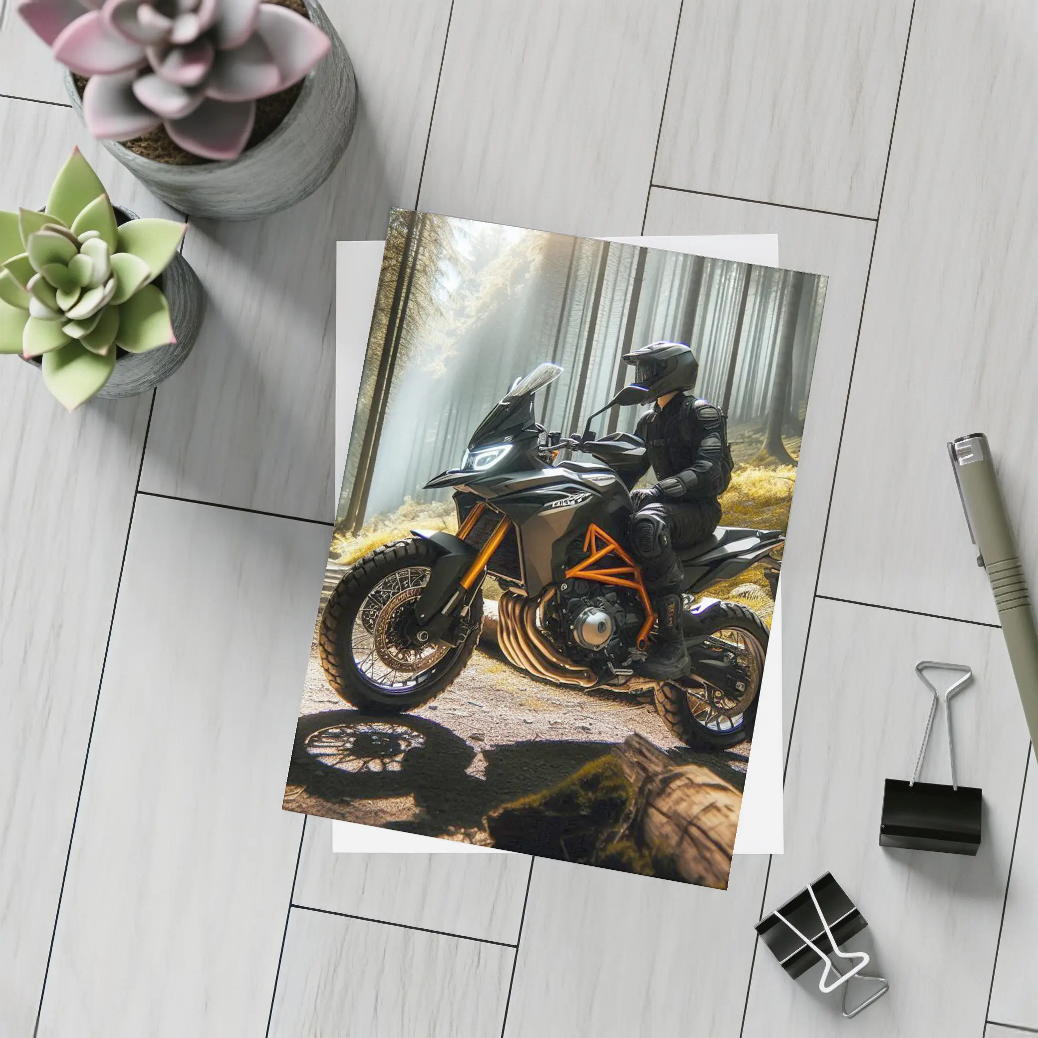 KTM Adventure Motorcycle Rider Forest Light – Postcards