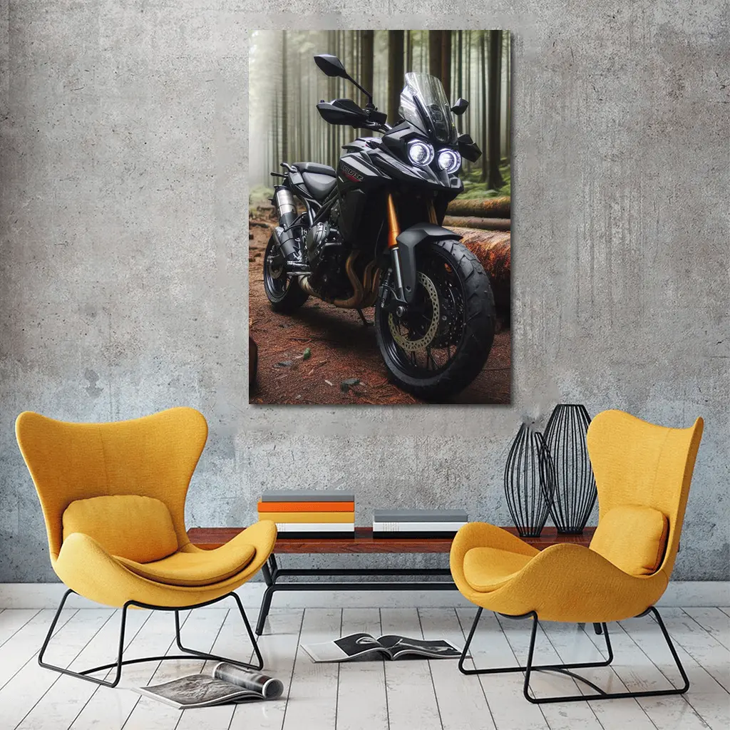 Black Adventure Motorcycle Parked In Misty Forest – Wall Art