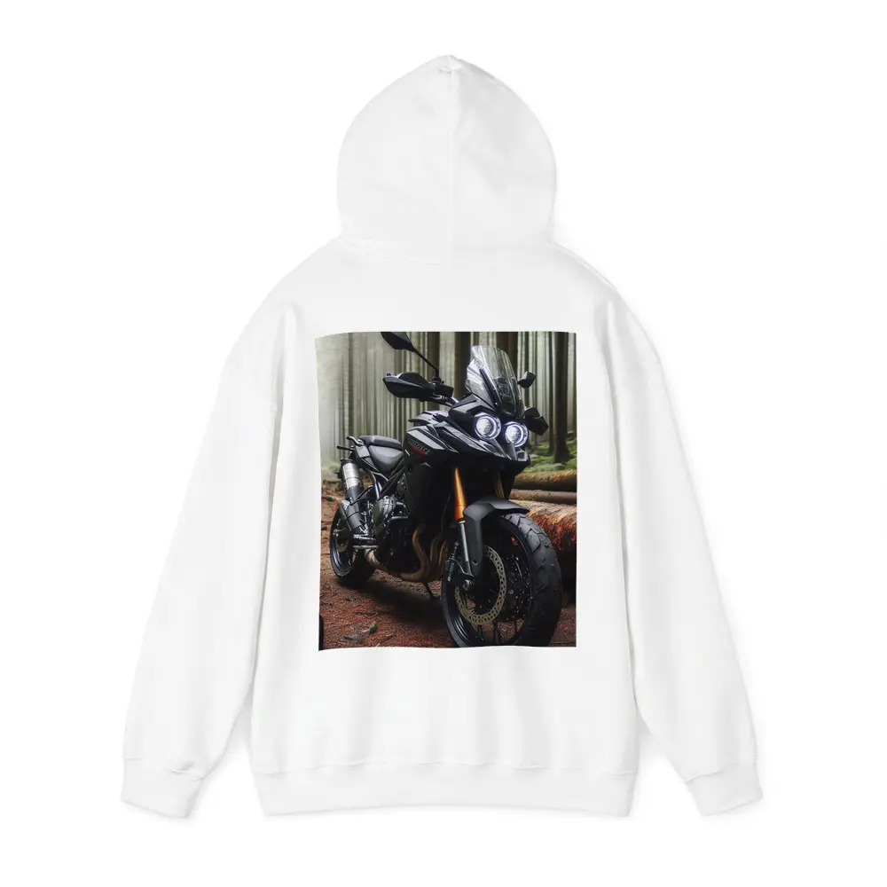 Black Adventure Motorcycle Parked In Misty Forest – Hoodies