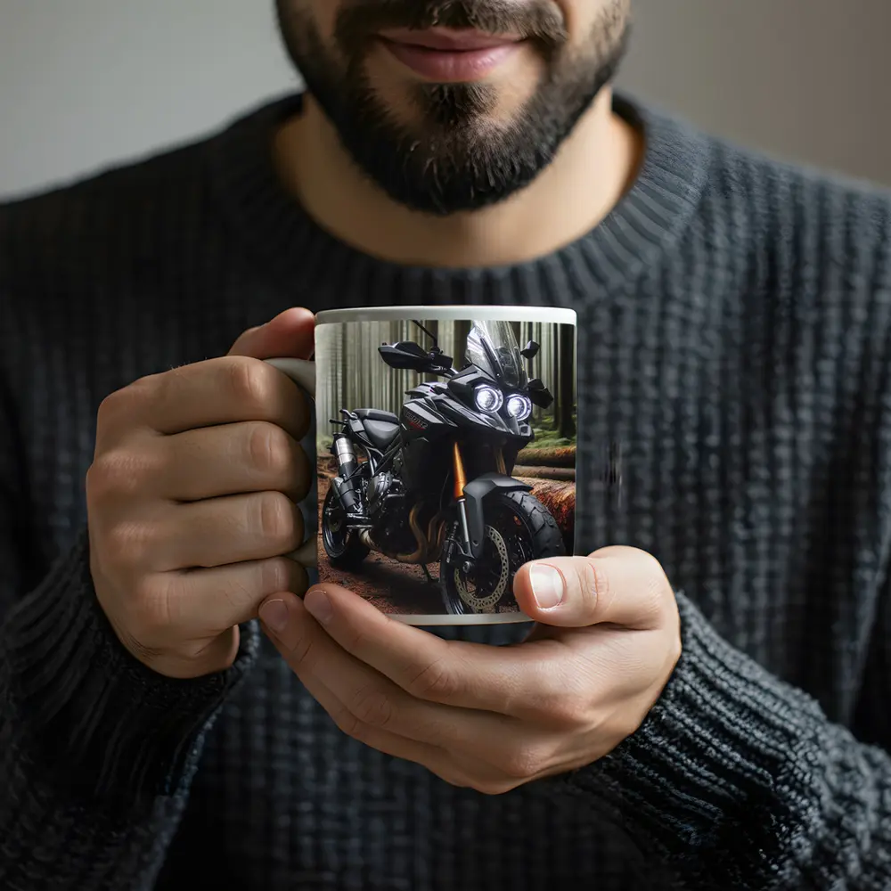 Black Adventure Motorcycle Parked In Misty Forest – Mugs