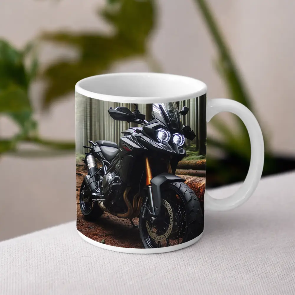Black Adventure Motorcycle Parked In Misty Forest – Mugs