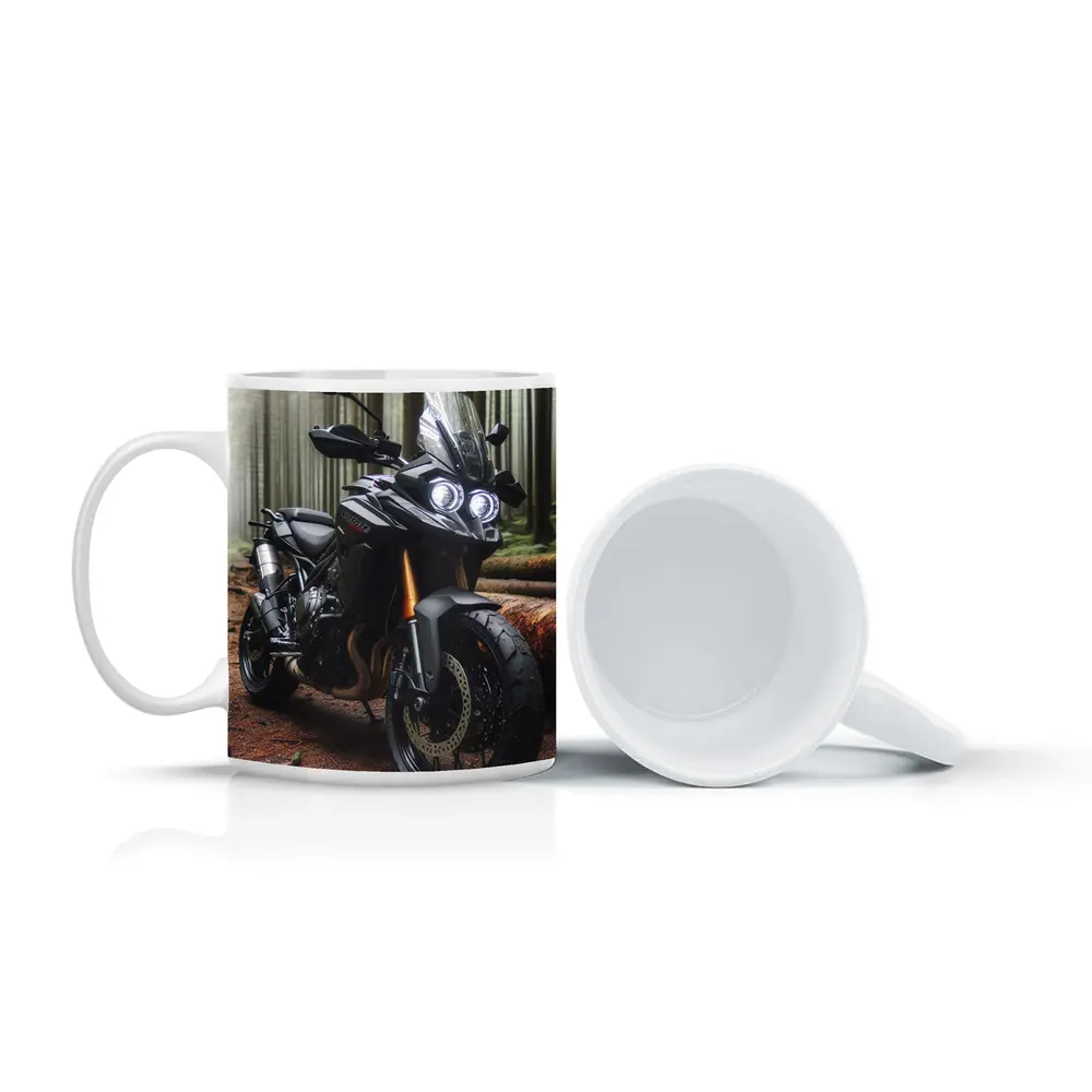 Black Adventure Motorcycle Parked In Misty Forest – Mugs
