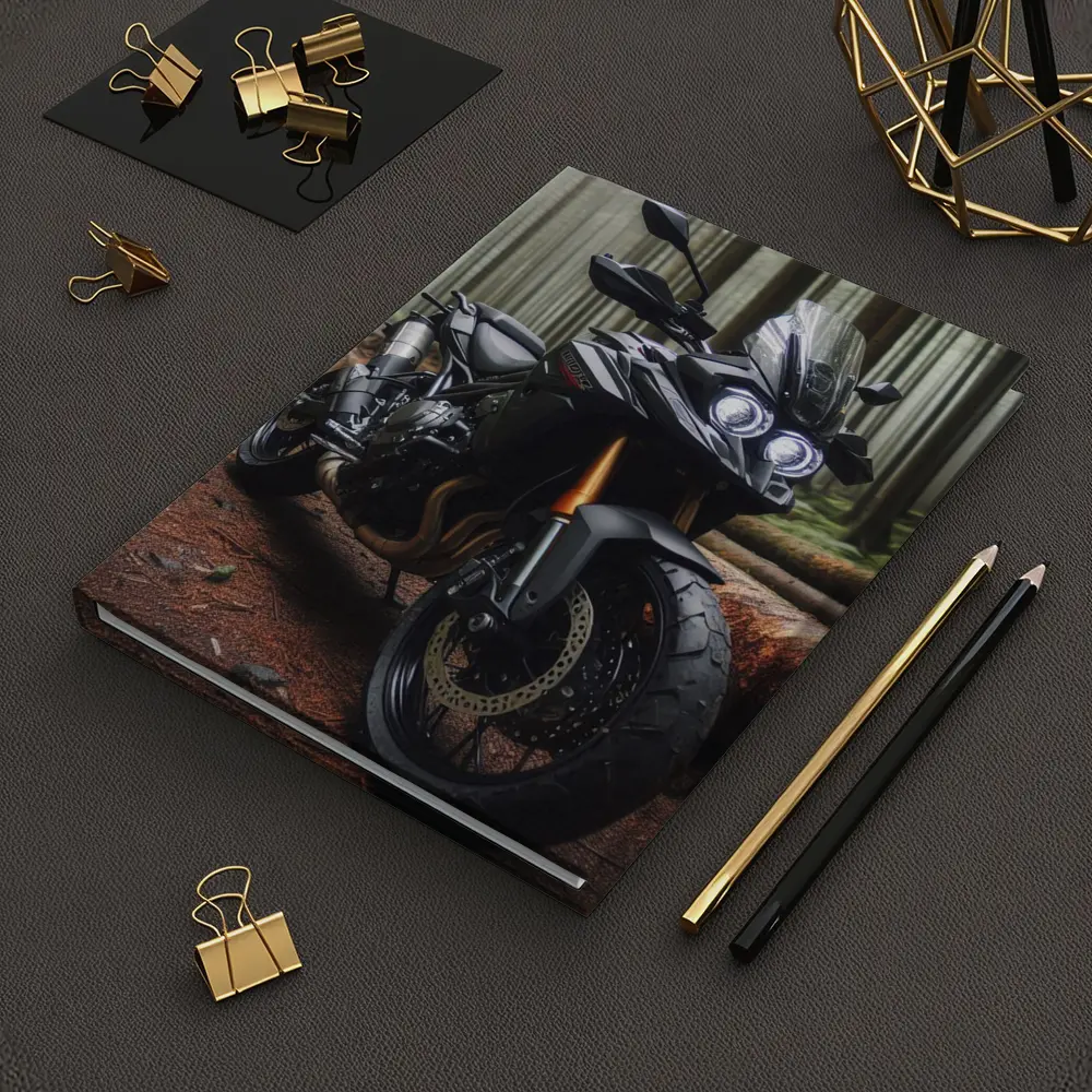 Black Adventure Motorcycle Parked In Misty Forest – Notebooks