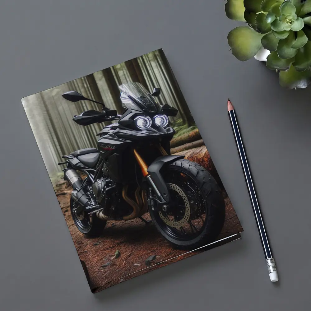 Black Adventure Motorcycle Parked In Misty Forest – Notebooks