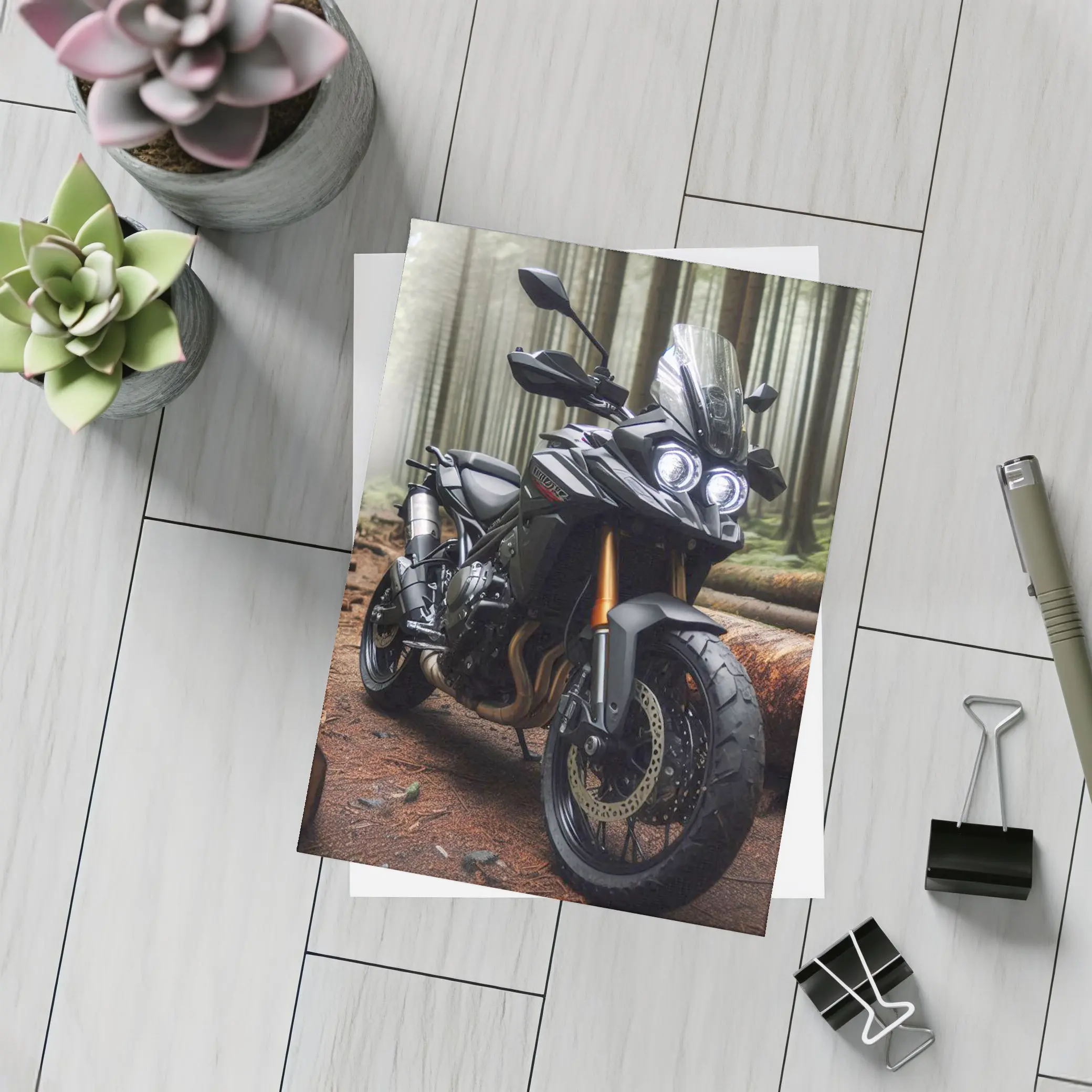 Black Adventure Motorcycle Parked In Misty Forest – Postcards