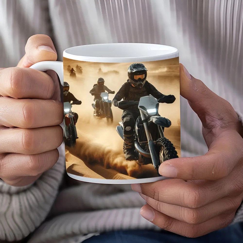 Dirt Bikes Racing Through Sandy Desert Dunes – Mugs