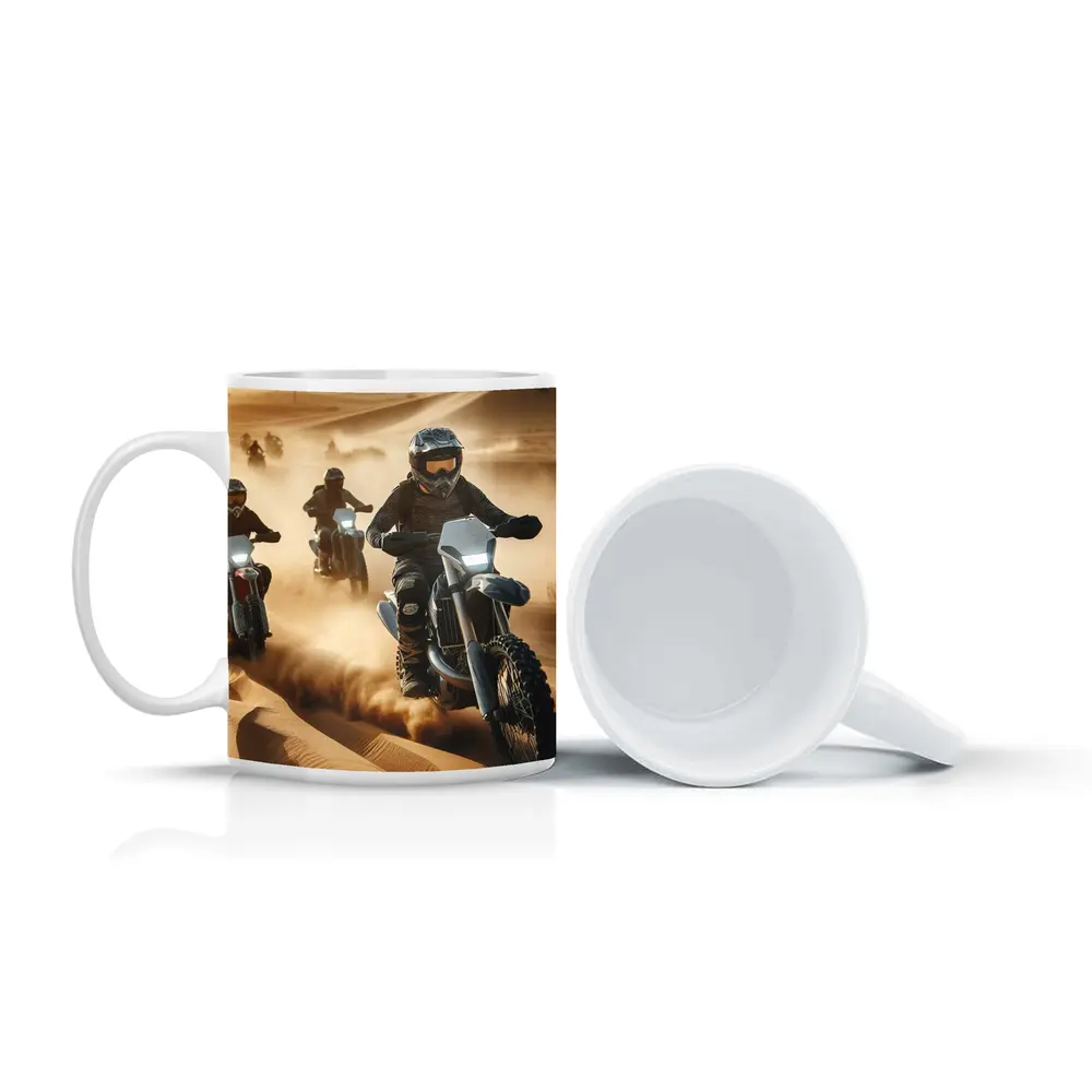 Dirt Bikes Racing Through Sandy Desert Dunes – Mugs