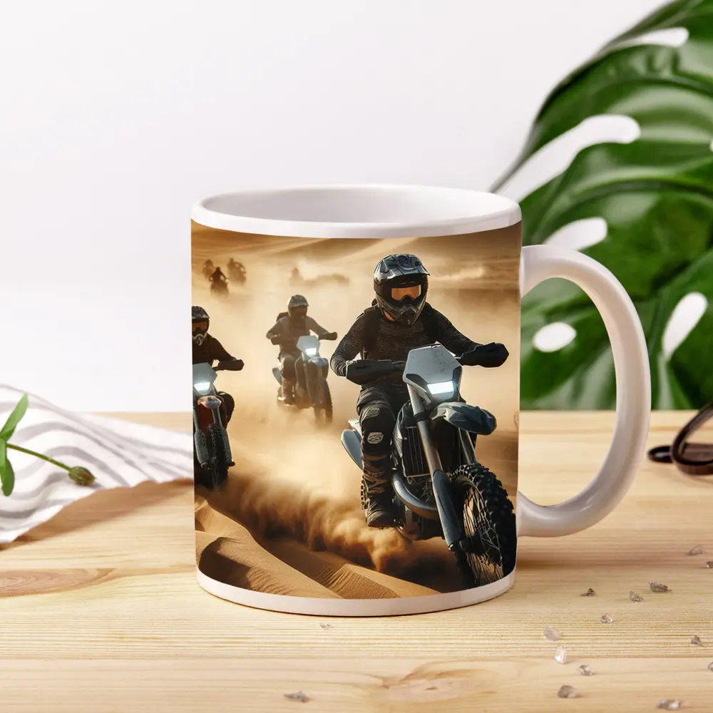 Dirt Bikes Racing Through Sandy Desert Dunes – Mugs