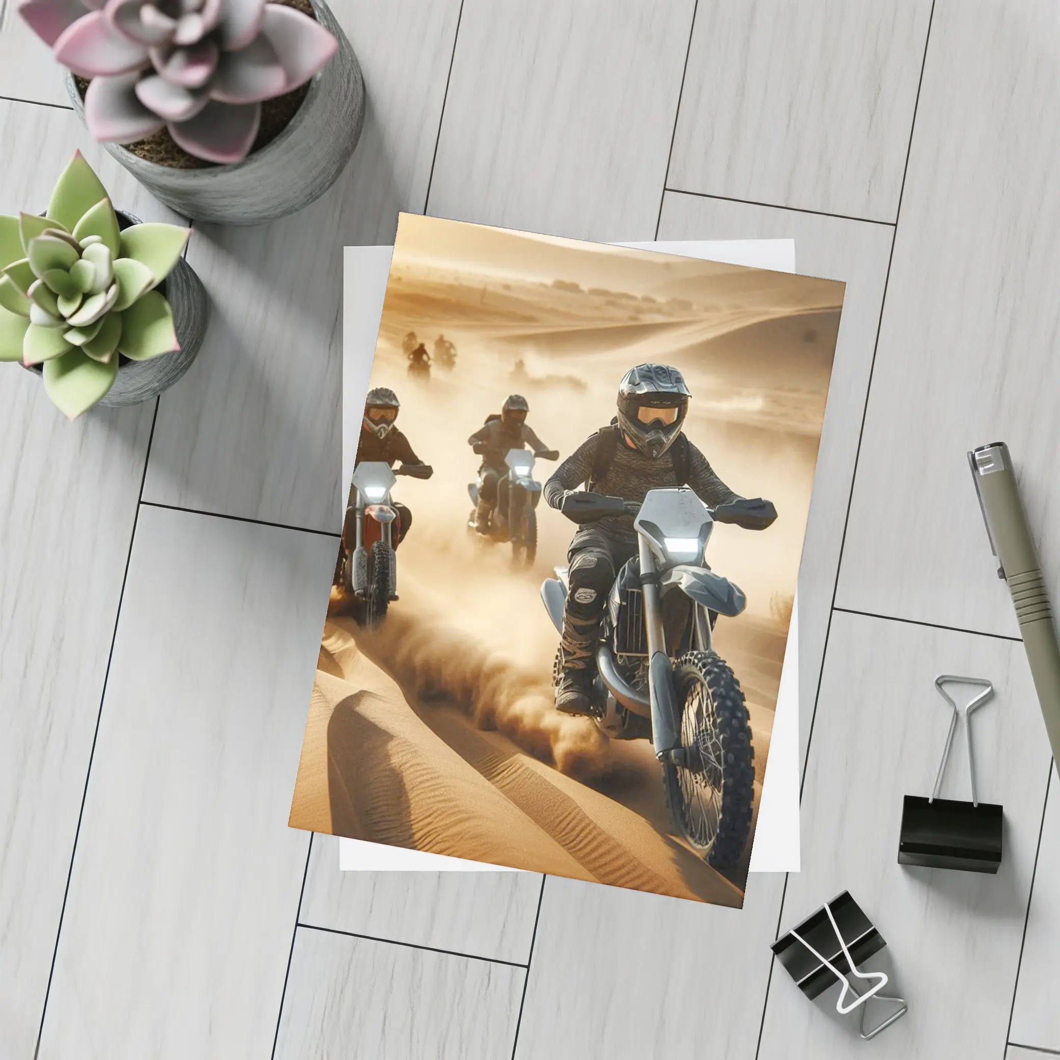 Dirt Bikes Racing Through Sandy Desert Dunes – Postcards