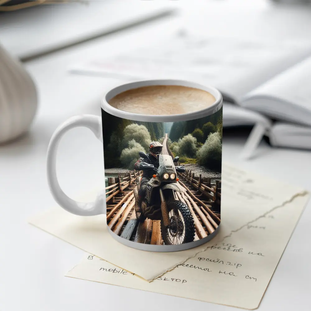 Adventure Dual Sport Bike Wooden Bridge Forest – Mugs