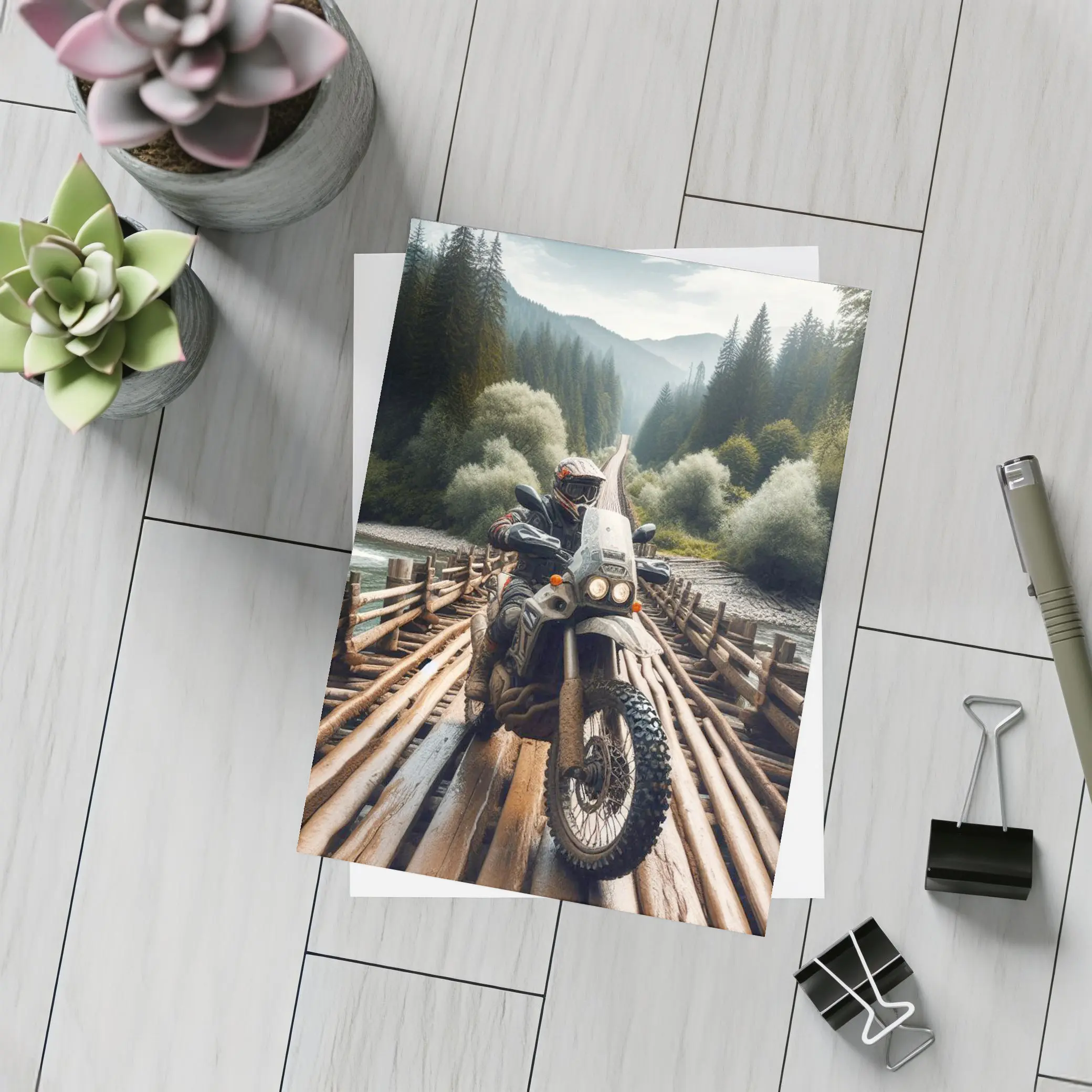 Adventure Dual Sport Bike Wooden Bridge Forest – Postcards