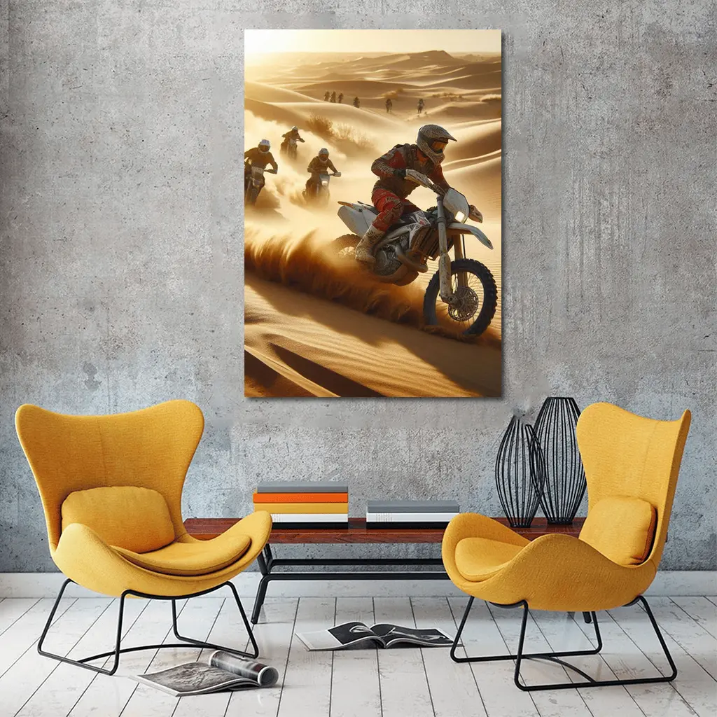 Motocross Riders Racing Through Desert Sand Dunes – Wall Art