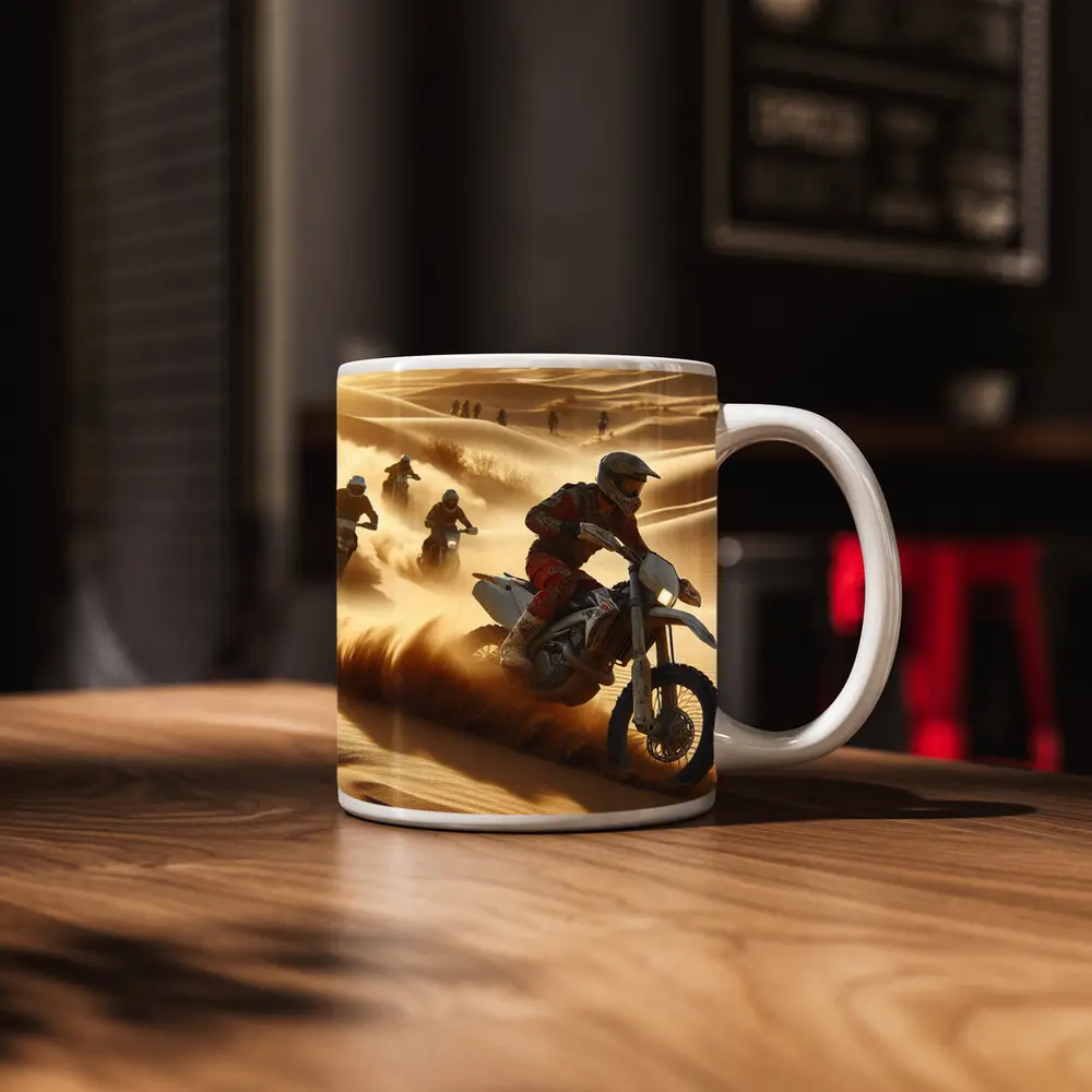 Motocross Riders Racing Through Desert Sand Dunes – Mugs