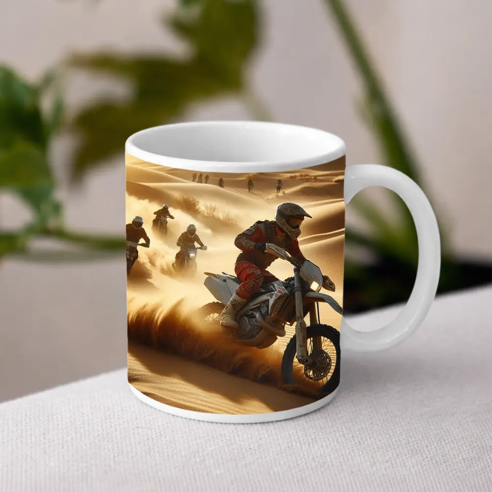 Motocross Riders Racing Through Desert Sand Dunes – Mugs