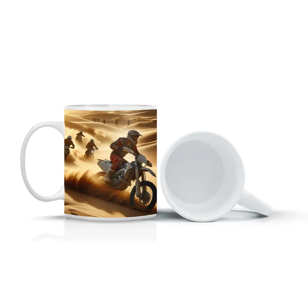 Motocross Riders Racing Through Desert Sand Dunes – Mugs