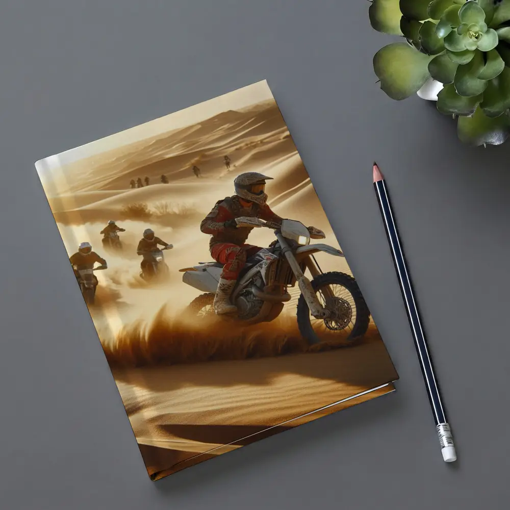 Motocross Riders Racing Through Desert Sand Dunes – Notebooks