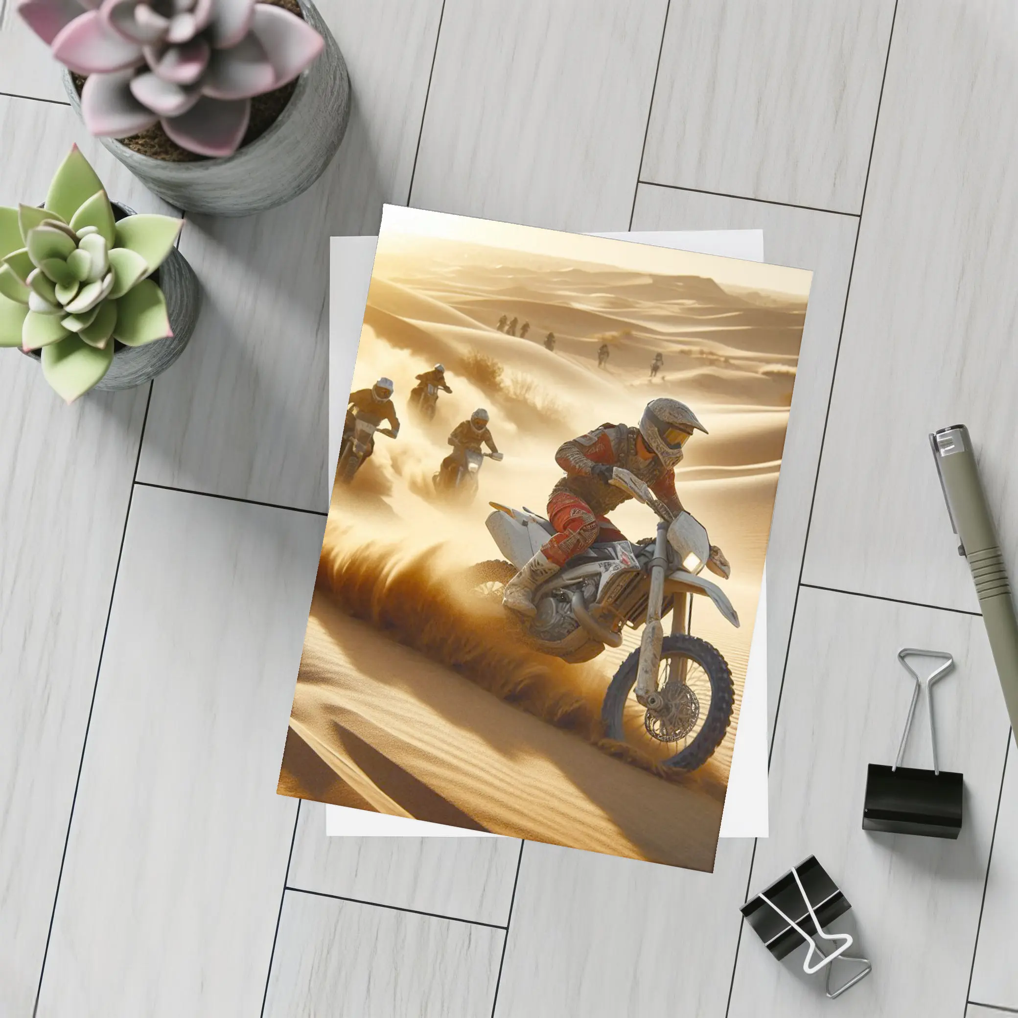 Motocross Riders Racing Through Desert Sand Dunes – Postcards