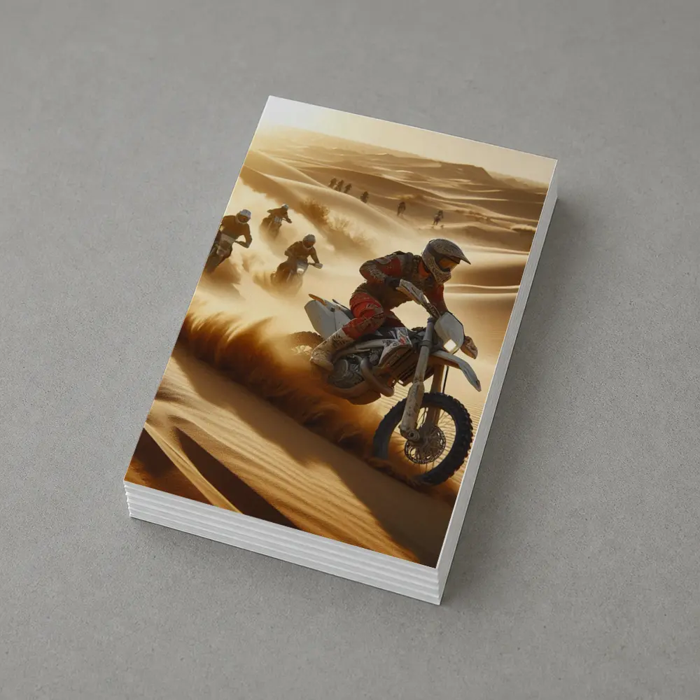Motocross Riders Racing Through Desert Sand Dunes – Postcards