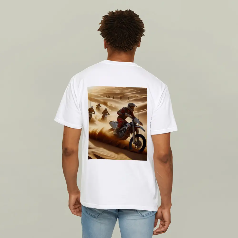 Motocross Riders Racing Through Desert Sand Dunes – T-Shirts