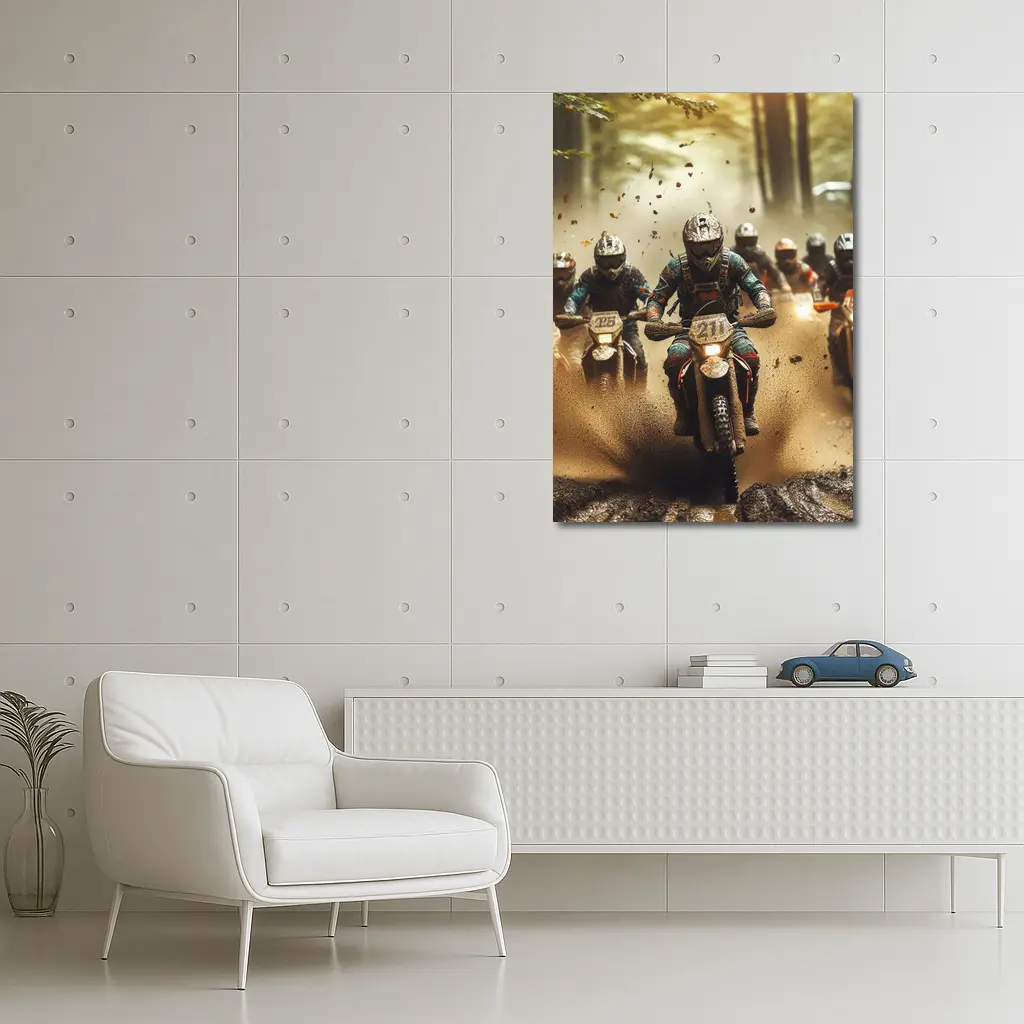Motocross Riders Racing Through Muddy Forest – Wall Art