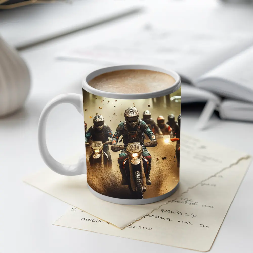 Motocross Riders Racing Through Muddy Forest – Mugs
