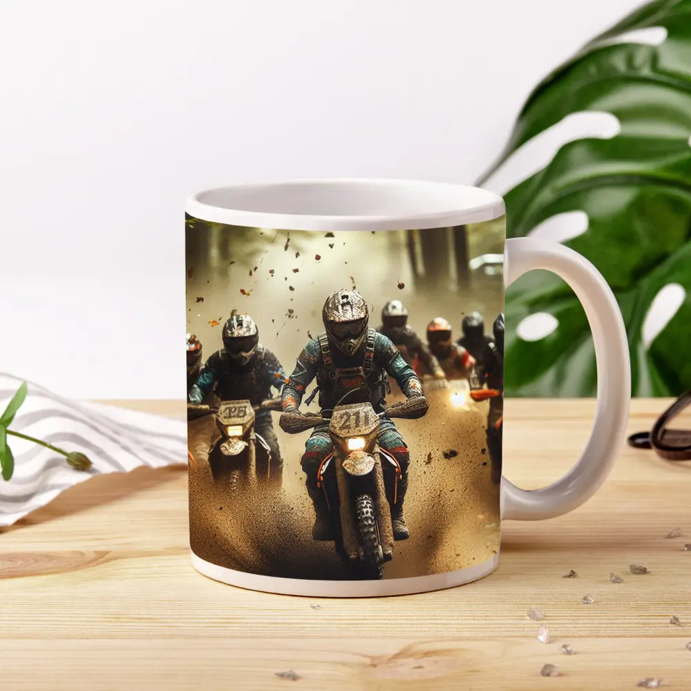 Motocross Riders Racing Through Muddy Forest – Mugs