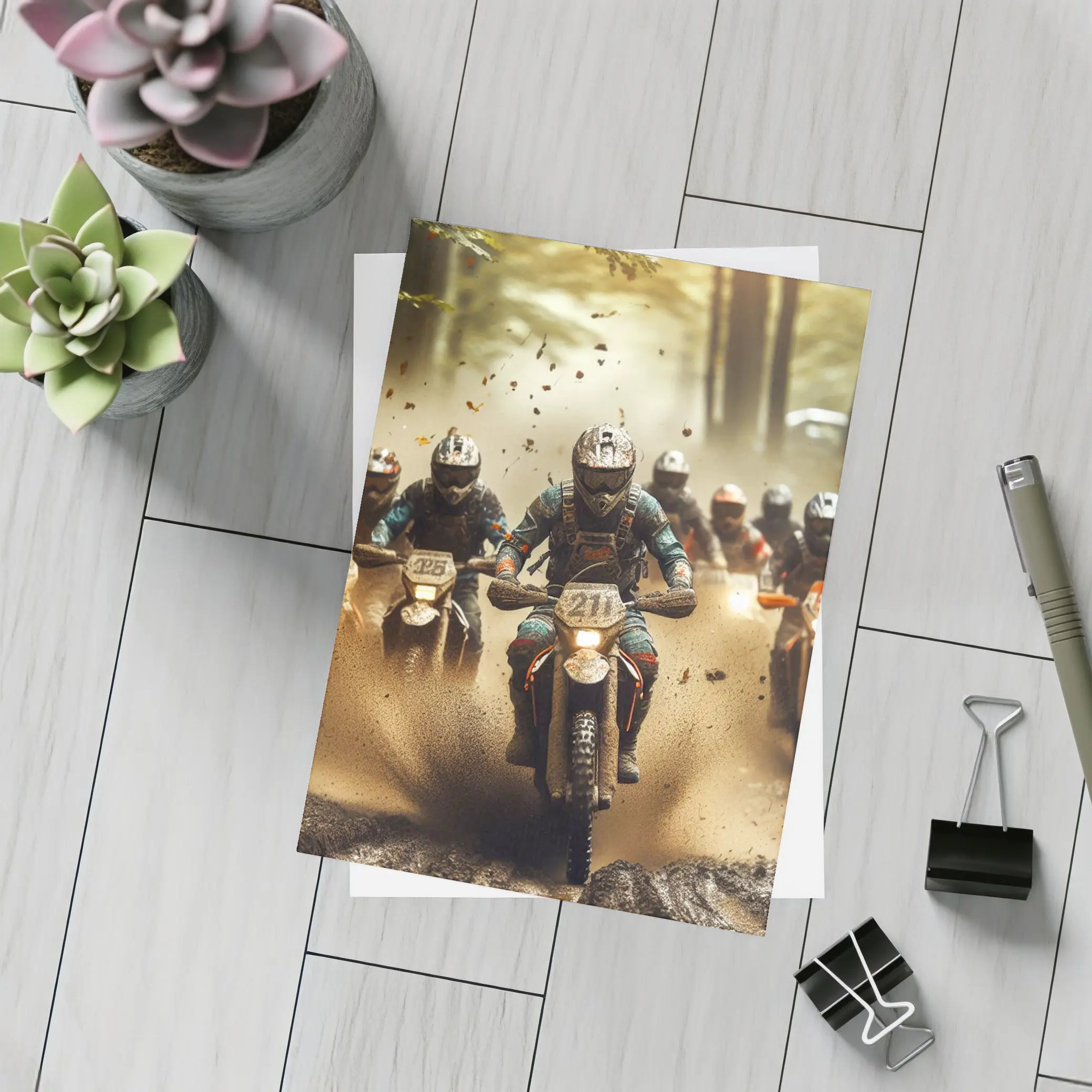 Motocross Riders Racing Through Muddy Forest – Postcards