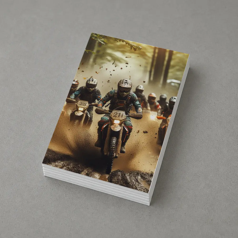 Motocross Riders Racing Through Muddy Forest – Postcards