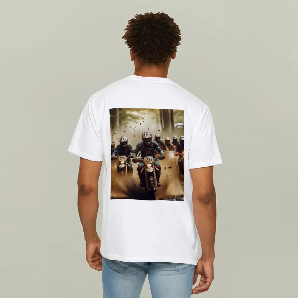Motocross Riders Racing Through Muddy Forest – T-Shirts