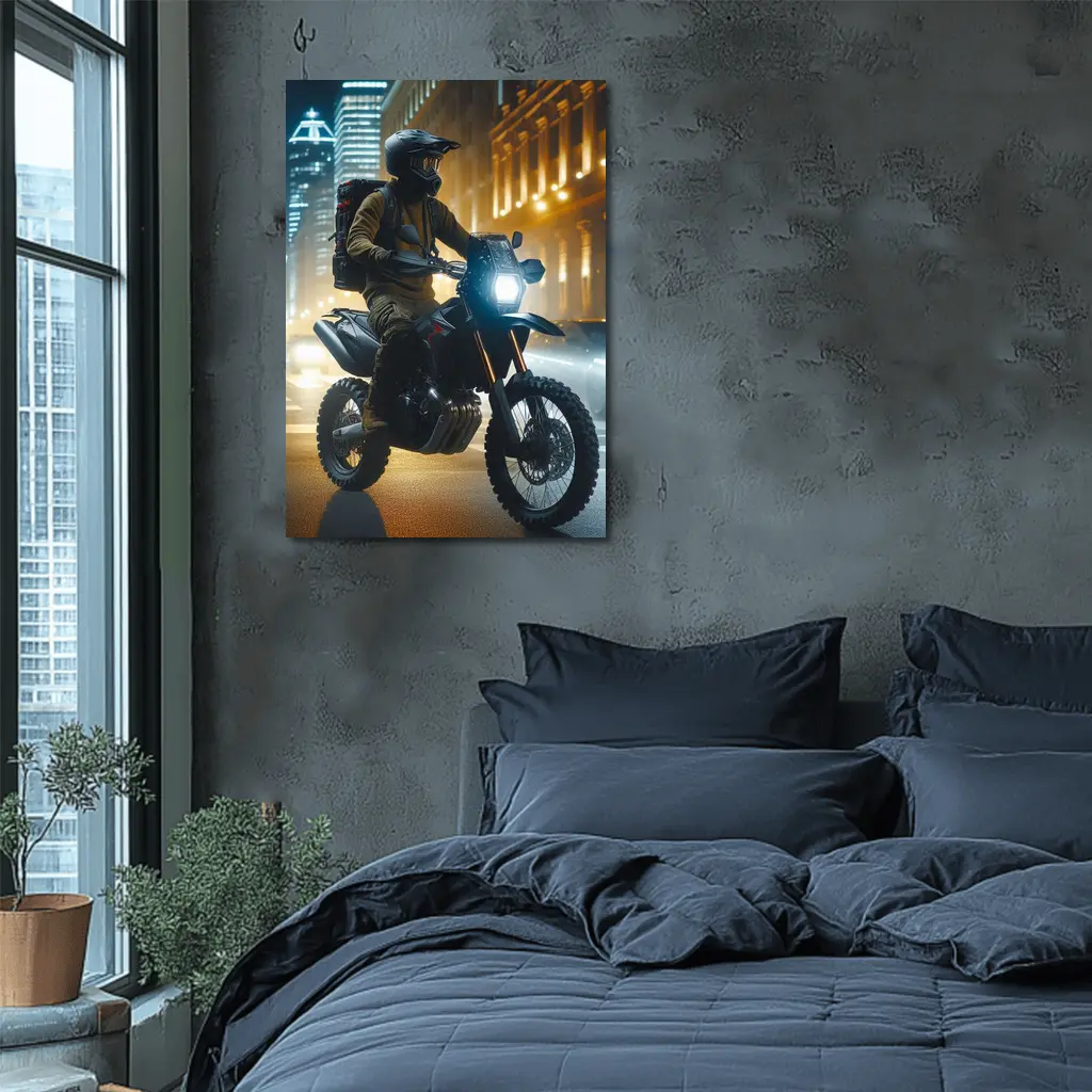 Adventure Motorcycle Rider City Night Streets – Wall Art
