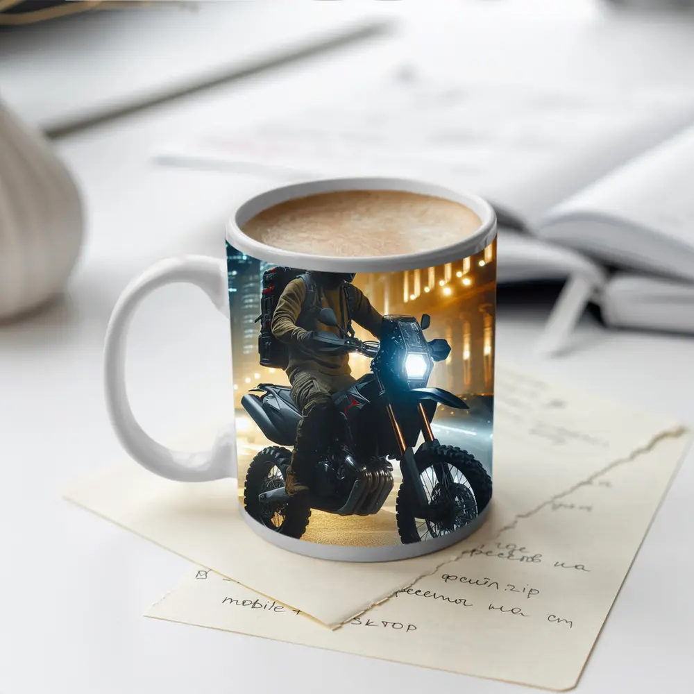 Adventure Motorcycle Rider City Night Streets – Mugs