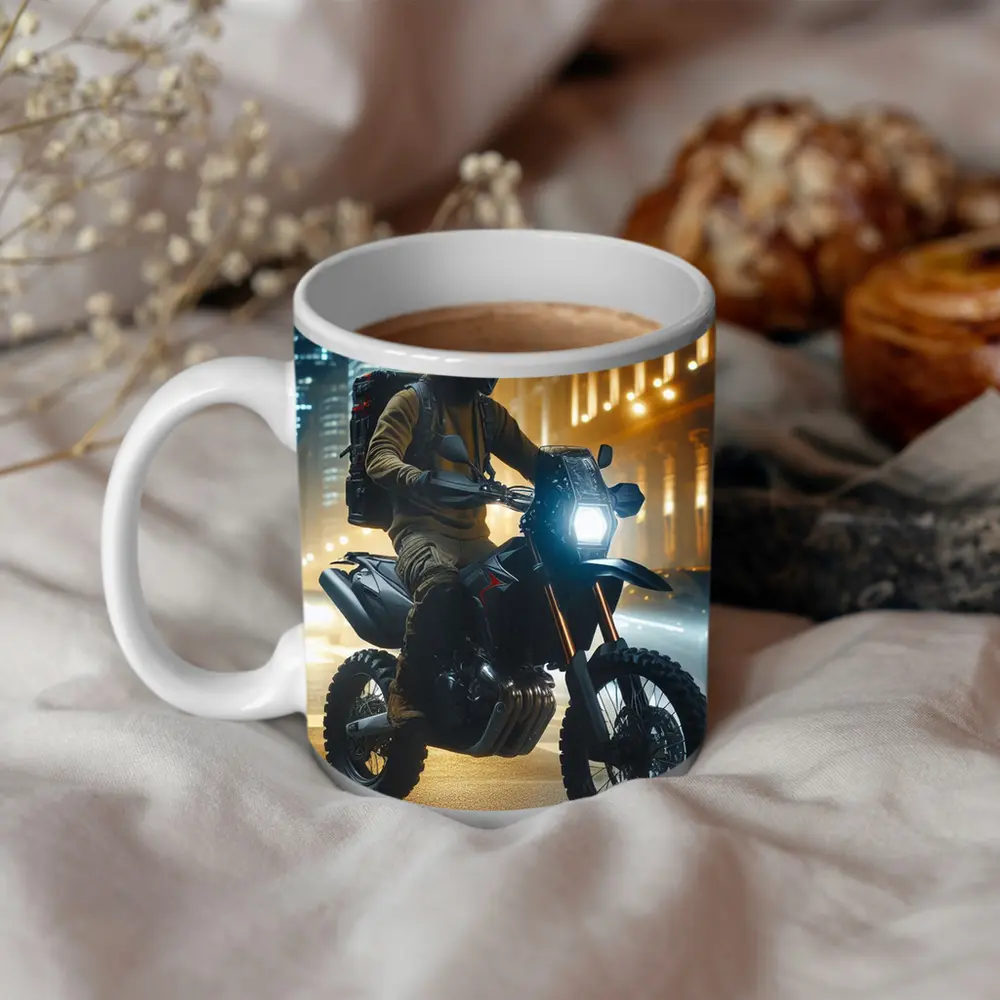 Adventure Motorcycle Rider City Night Streets – Mugs
