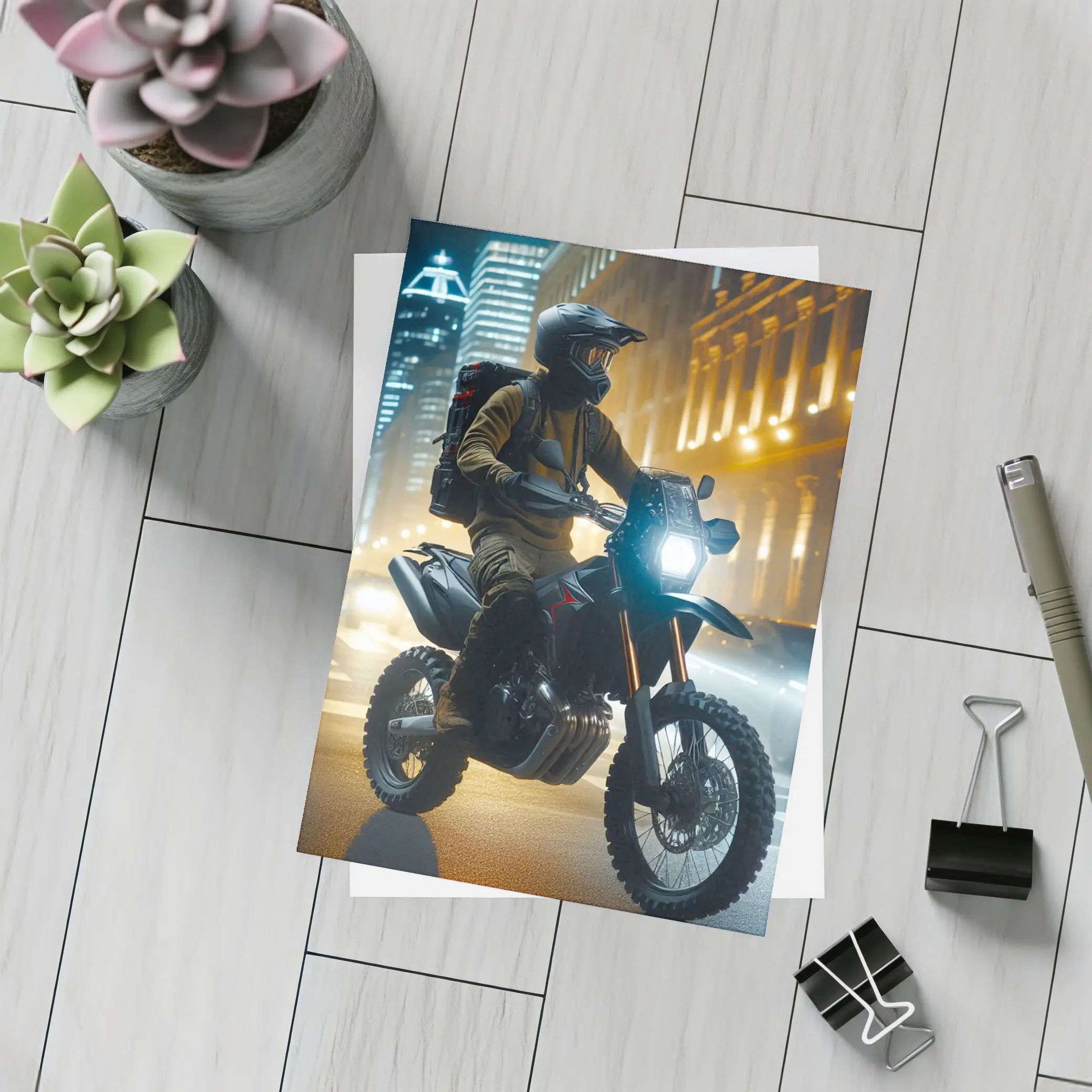 Adventure Motorcycle Rider City Night Streets – Postcards
