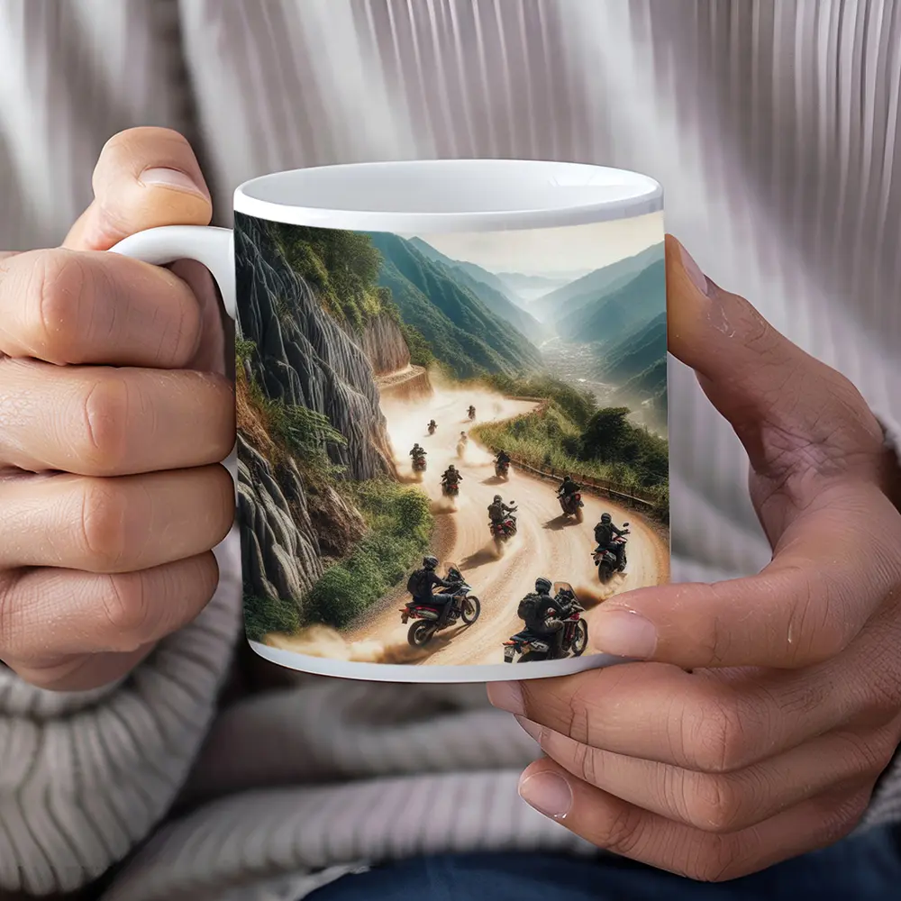 Adventure Motorcycles Riding Dusty Mountain Road – Mugs