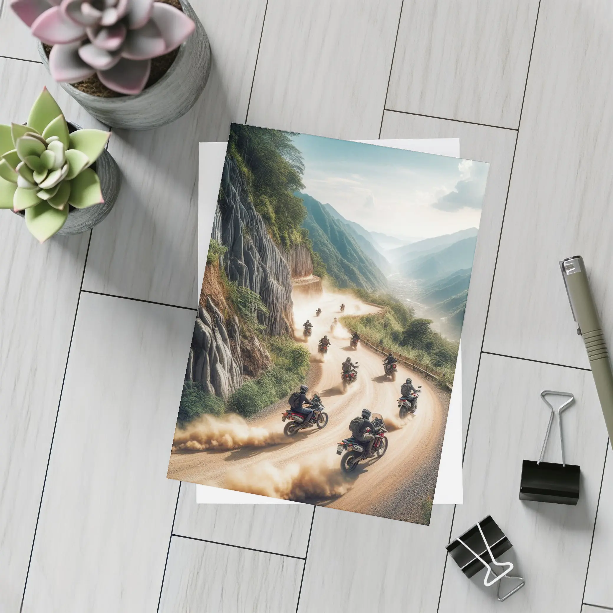 Adventure Motorcycles Riding Dusty Mountain Road – Postcards