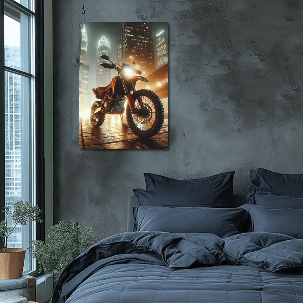 Orange Dual Sport Bike Glowing City Night – Wall Art