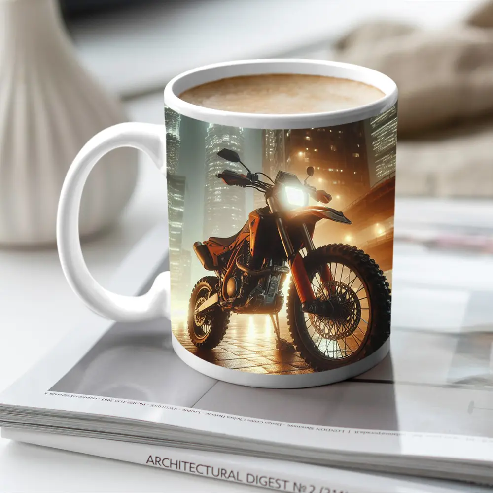 Orange Dual Sport Bike Glowing City Night – Mugs