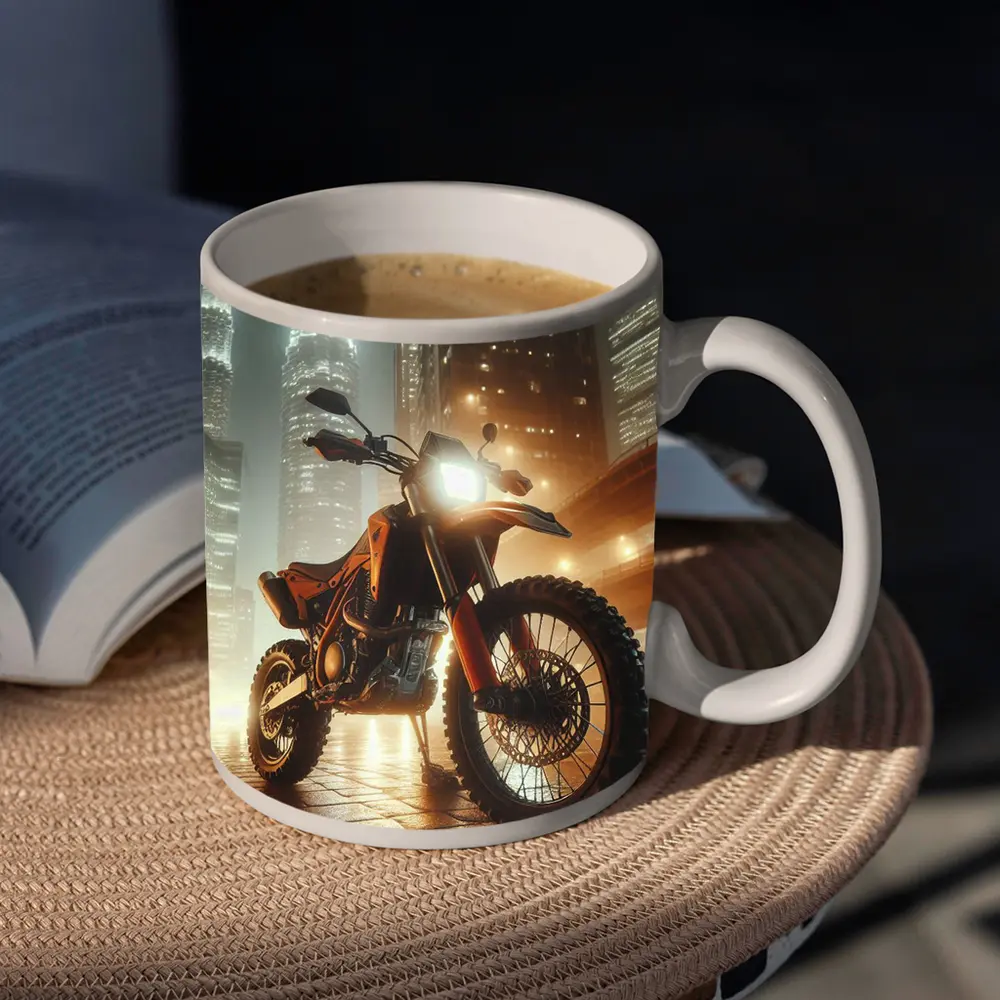 Orange Dual Sport Bike Glowing City Night – Mugs