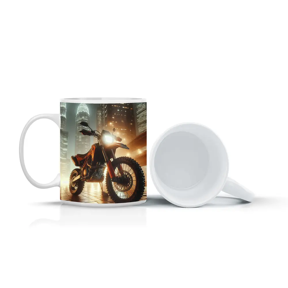 Orange Dual Sport Bike Glowing City Night – Mugs