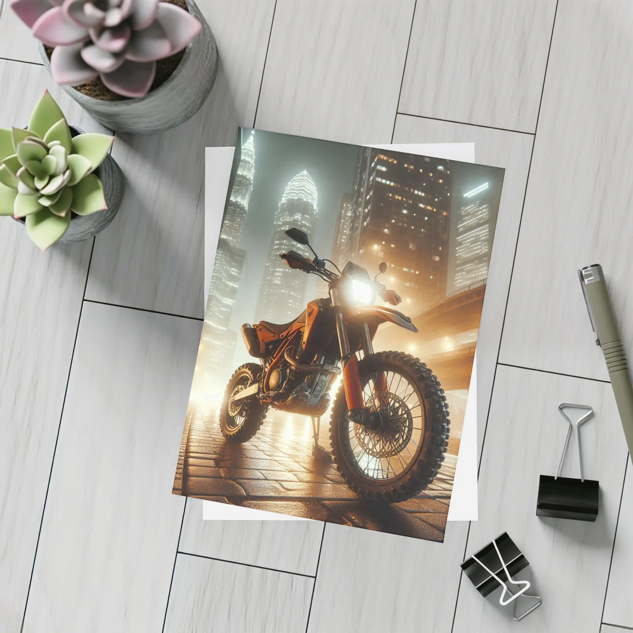 Orange Dual Sport Bike Glowing City Night – Postcards