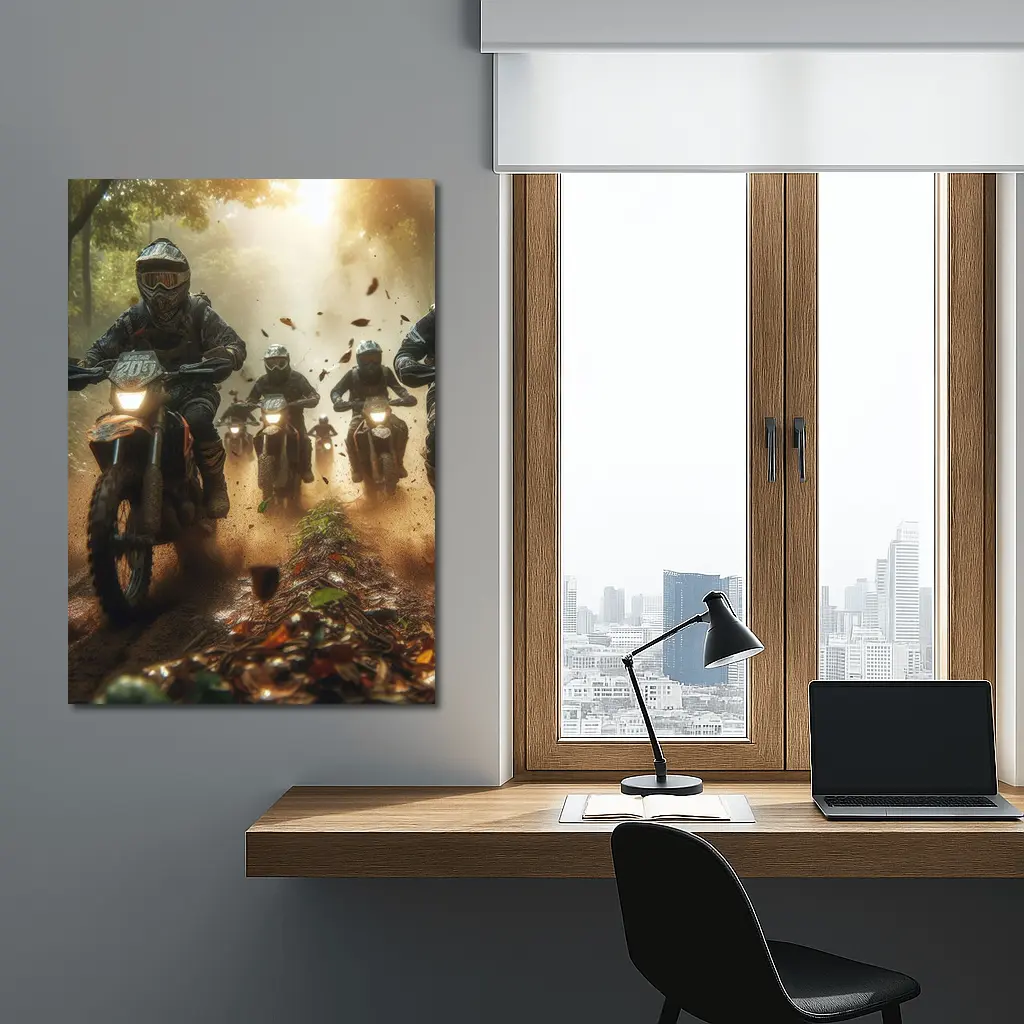 Motocross Riders Racing Through Dusty Forest Trail – Wall Art