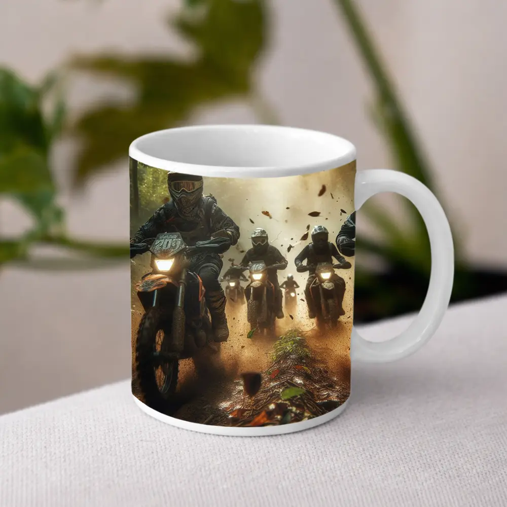 Motocross Riders Racing Through Dusty Forest Trail – Mugs