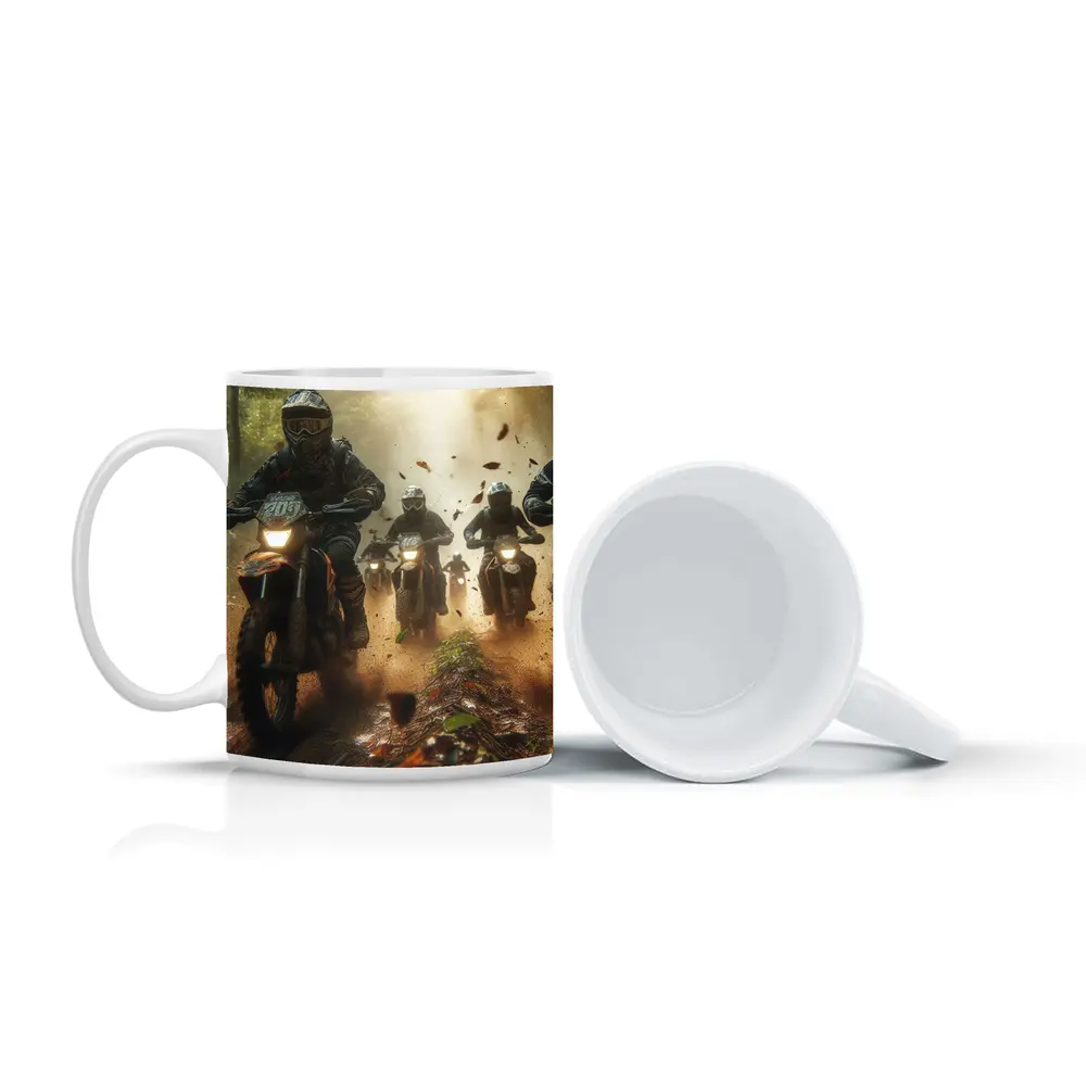 Motocross Riders Racing Through Dusty Forest Trail – Mugs