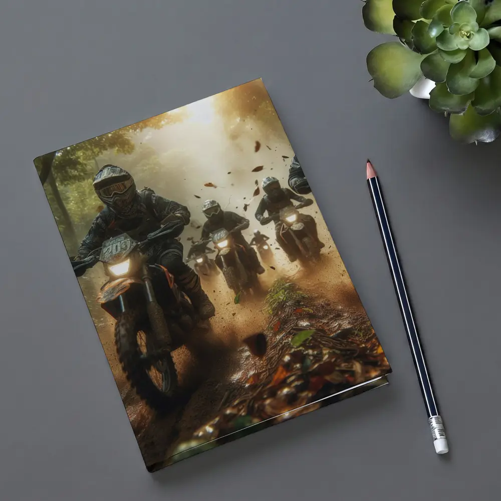 Motocross Riders Racing Through Dusty Forest Trail – Notebooks
